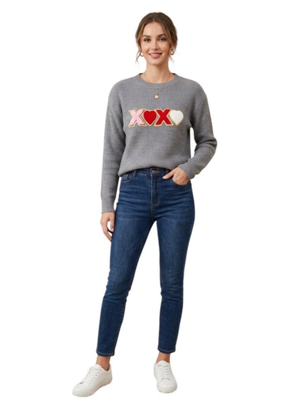 NWT S. Christina Gray XOXO Heart Valentine Knit Sweater Size L/XL Gold Trim